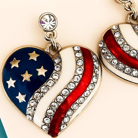 American Flag Heart-Shaped Crystal Drop Earrings With Red White & Blue - Picture 3 of 4